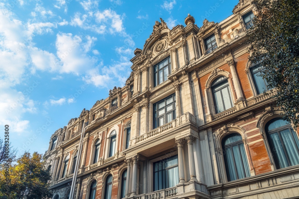 Ornate building with intricate details and large windows against a blue sky. Ornate building with intricate details and large windows against a blue sky.