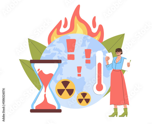 Woman with environmental problem. Young girl with thermometer near burning planet. Problems with ecology, climate changes. Radioactive waste. Flat vector illustration isolated on white background