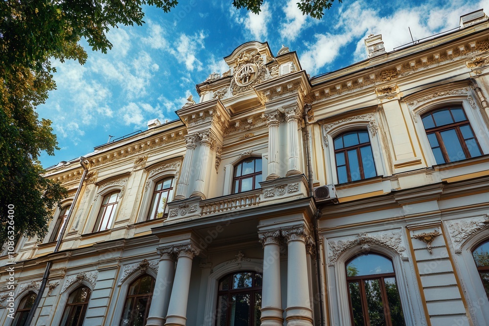 Ornate facade of a classic European building with decorative elements. Ornate facade of a classic European building with decorative elements.