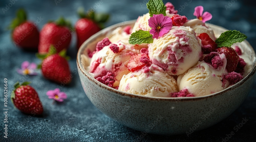 Bowl of creamy vanilla strawberry ice cream with fresh strawberries and edible flowers. Bowl of creamy vanilla strawberry ice cream with fresh strawberries and edible flowers.