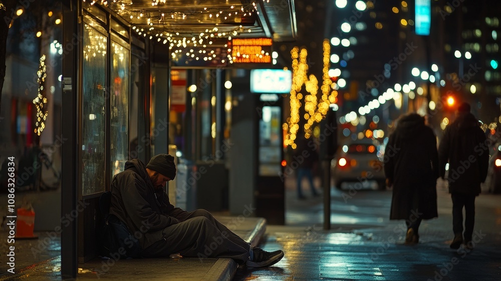 Urban Scene: Homeless Man Resting at Crowded Bus Stop Under City Lights, Passerby Glancing Urban Scene: Homeless Man Resting at Crowded Bus Stop Under City Lights, Passerby Glancing