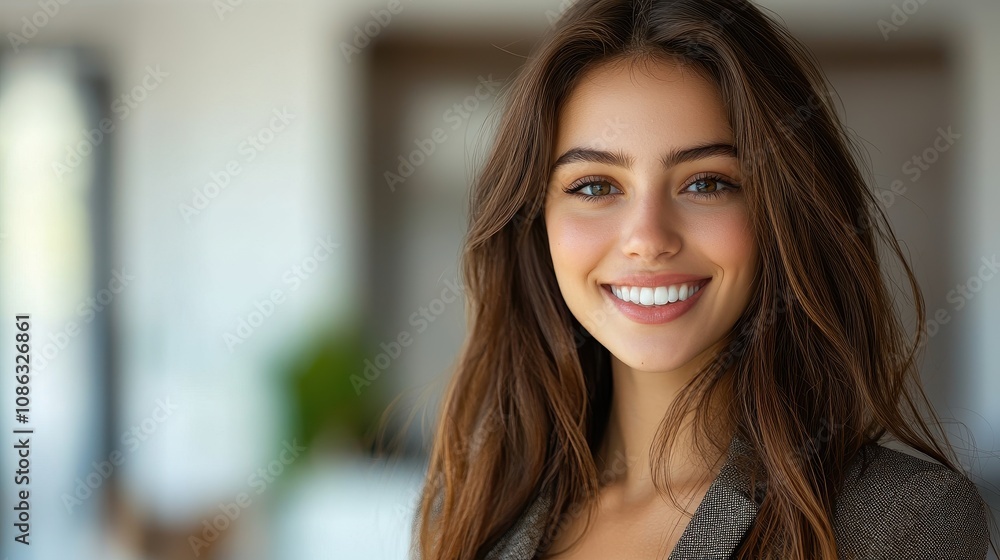 Young Woman with Long Brown Hair Smiling Brightly in Modern Indoor Setting, Exuding Positivity and Confidence in Natural Light Young Woman with Long Brown Hair Smiling Brightly in Modern Indoor Setting, Exuding Positivity and Confidence in Natural Light