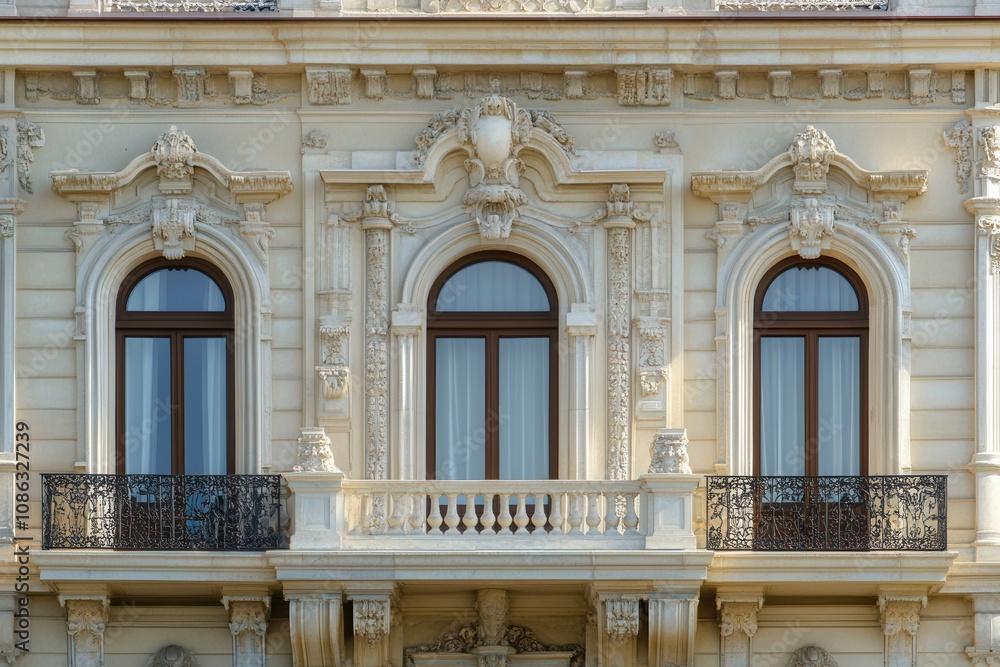 Ornate facade with three arched windows and a balcony. Ornate facade with three arched windows and a balcony.