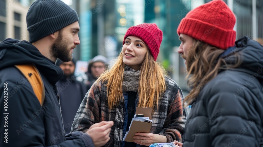 Fototapeta premium Connecting with Compassion: Young Activists Engage with Homeless Group in Urban Setting