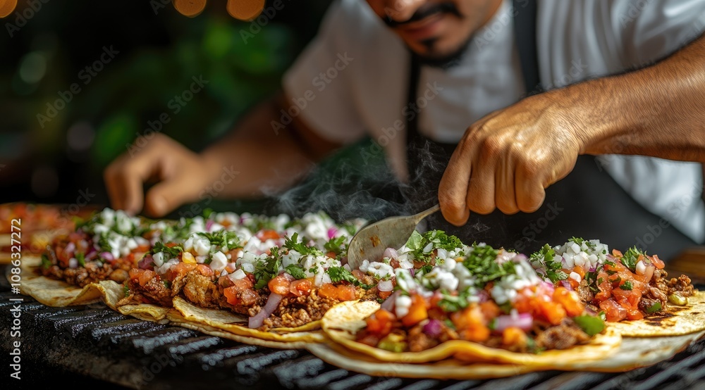 Chef preparing delicious tacos on a grill. Chef preparing delicious tacos on a grill.