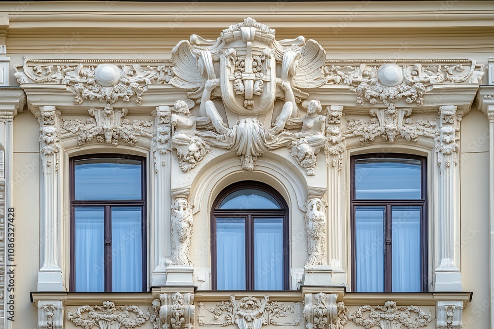 Ornate facade with three windows and intricate sculptures. Ornate facade with three windows and intricate sculptures.