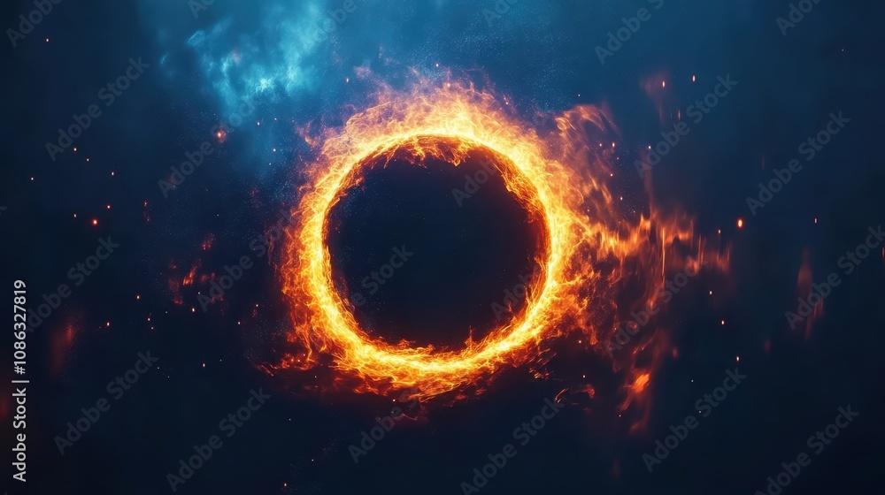 A vibrant cosmic image depicting a fiery ring surrounding a dark void, suggesting themes of space, energy, and celestial phenomena. A vibrant cosmic image depicting a fiery ring surrounding a dark void, suggesting themes of space, energy, and celestial phenomena.