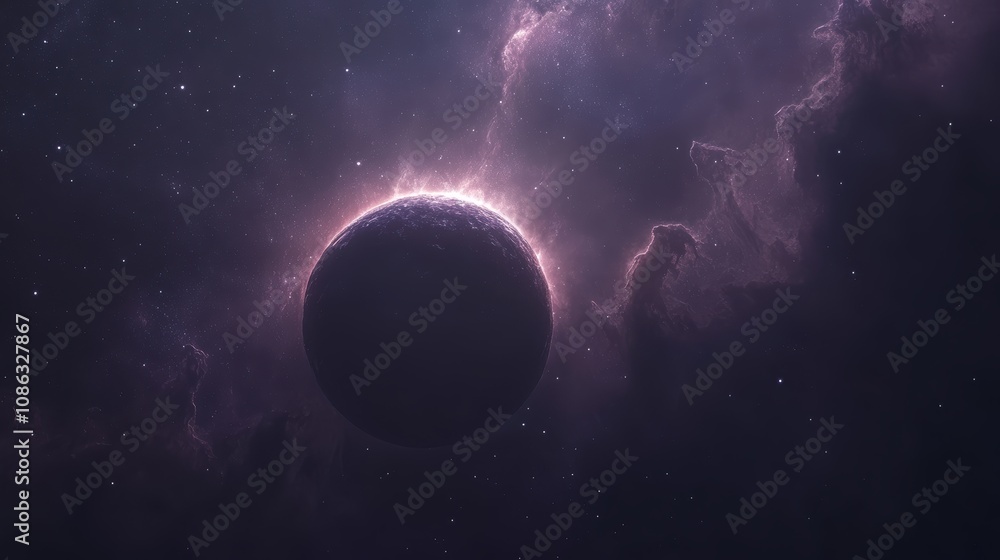 A captivating cosmic scene featuring a dark planet surrounded by vibrant, swirling clouds of purple and stars against a deep space backdrop.