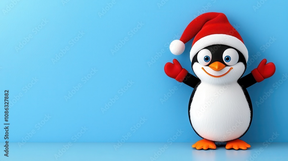 Cute Festive Penguin with Santa Hat, Cheerful Expression and Outstretched Arms on Blue Background Celebrating Christmas and Winter Holidays Cute Festive Penguin with Santa Hat, Cheerful Expression and Outstretched Arms on Blue Background Celebrating Christmas and Winter Holidays