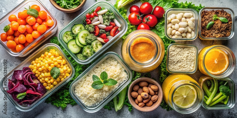 Healthy vegan food in glass containers, top view. Rice, beans, vegetables, hummus, and juice, vegan, healthy, food Healthy vegan food in glass containers, top view. Rice, beans, vegetables, hummus, and juice, vegan, healthy, food
