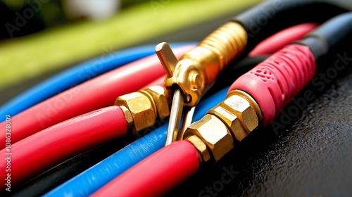 Wallpaper Mural Close-up of compressed air system-connected industrial pneumatic tools, showing valves and hoses. The arrangement demonstrates technology and accuracy in a manufacturing setting. Torontodigital.ca
