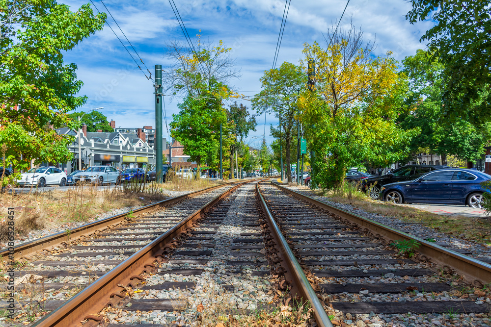 Railway tracks through an urban street in early autumn, Brookline, Massachusetts, USA
Railway tracks through an urban street in early autumn, Brookline, Massachusetts, USA