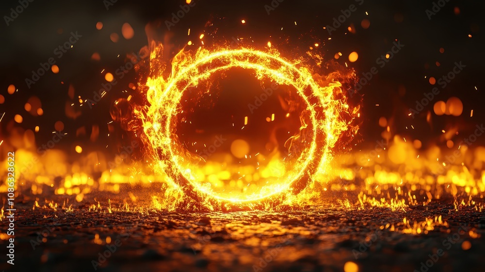 A glowing, fiery circle surrounded by sparks, set against a dark background, creating a captivating and dynamic visual effect. A glowing, fiery circle surrounded by sparks, set against a dark background, creating a captivating and dynamic visual effect.