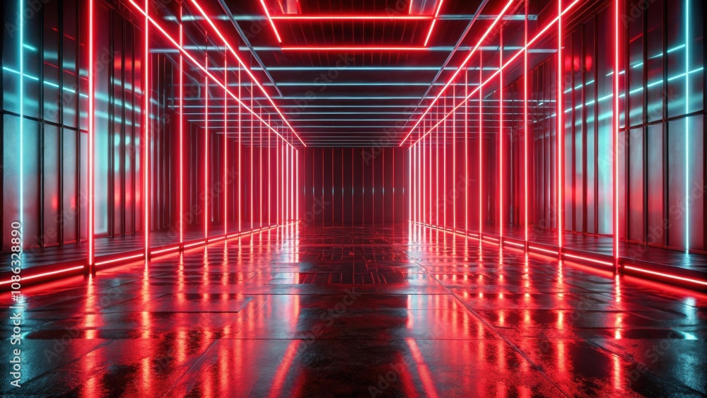 Fototapeta premium Glowing neon red lines on reflective floor, abstract background, neon, glowing, lines, red, reflecting, floor