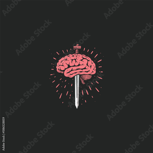 sword stuck in the brain logo design vector vintage
