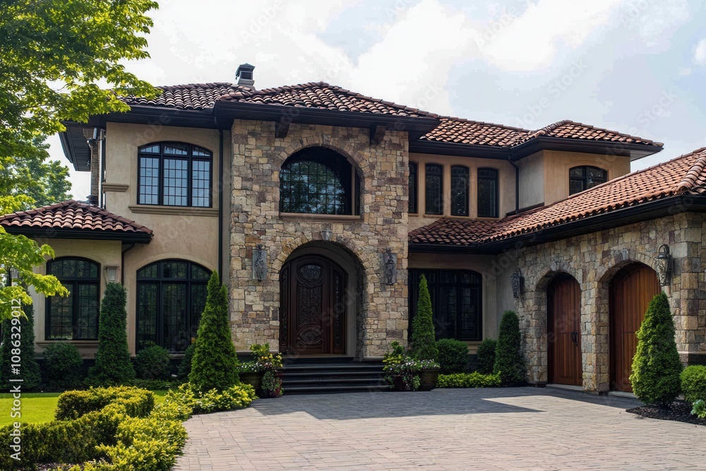 Stone and stucco house with large front door, double garage and a manicured lawn. Stone and stucco house with large front door, double garage and a manicured lawn.