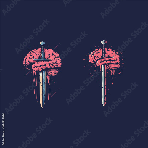 sword stuck in the brain logo design vector vintage