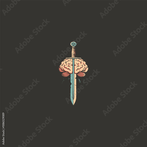 sword stuck in the brain logo design vector vintage