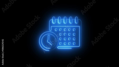 glowing neon calender icon, Calendar icon with clock icon ,