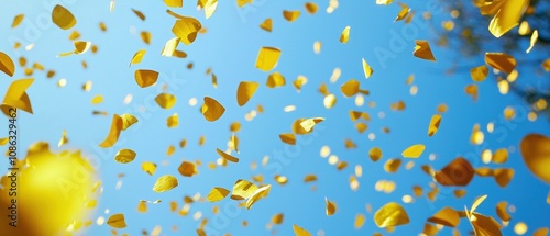 A vibrant scene of golden petals cascading against a bright blue sky, creating a joyful and celebratory atmosphere.