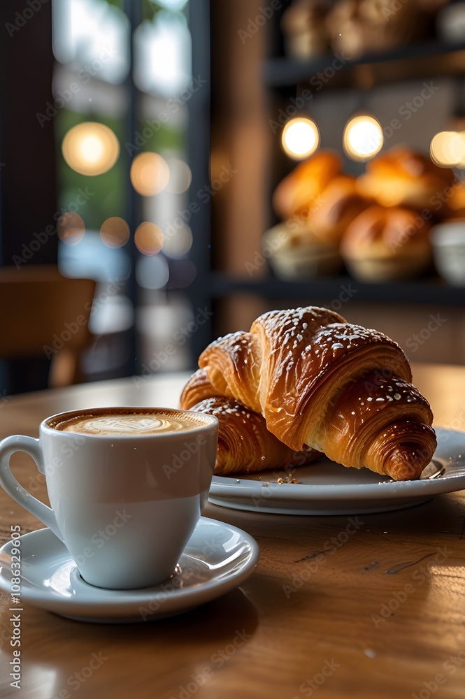 A cafe table with a coffee cup and a croissant, photographed in warm, soft lighting for a cozy feel anime style