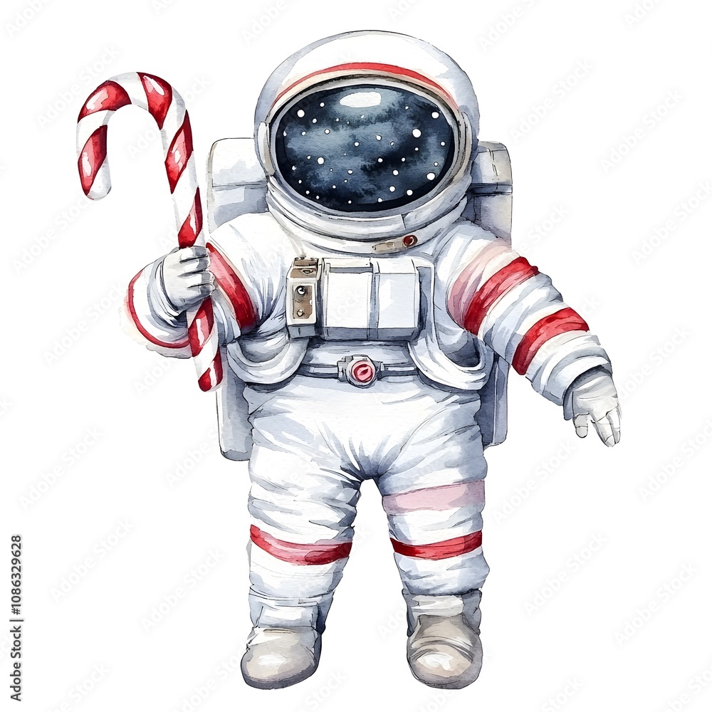 Fototapeta premium Astronaut Holding Candy Cane Space Christmas Watercolor Festive Winter Holiday Gala