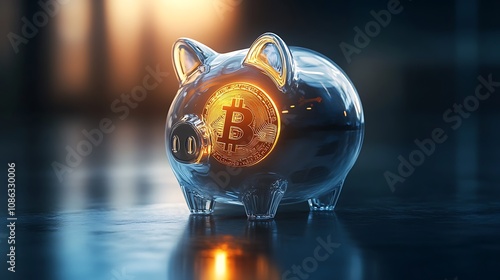 A piggy bank with a glowing golden coin inside, visible through a transparent side photo