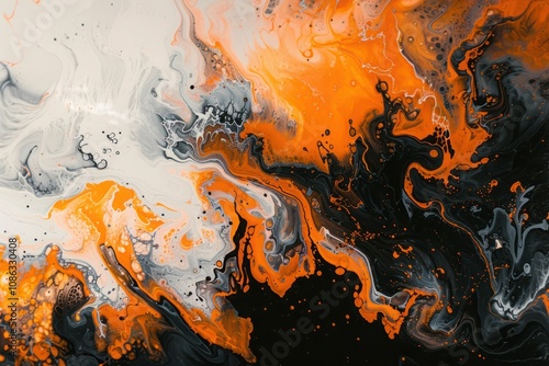 an abstract painting with orange and black paint
