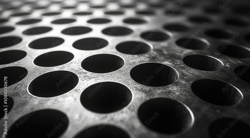 Close-up of a metallic surface with a grid of circular holes, showing texture and depth. Close-up of a metallic surface with a grid of circular holes, showing texture and depth.