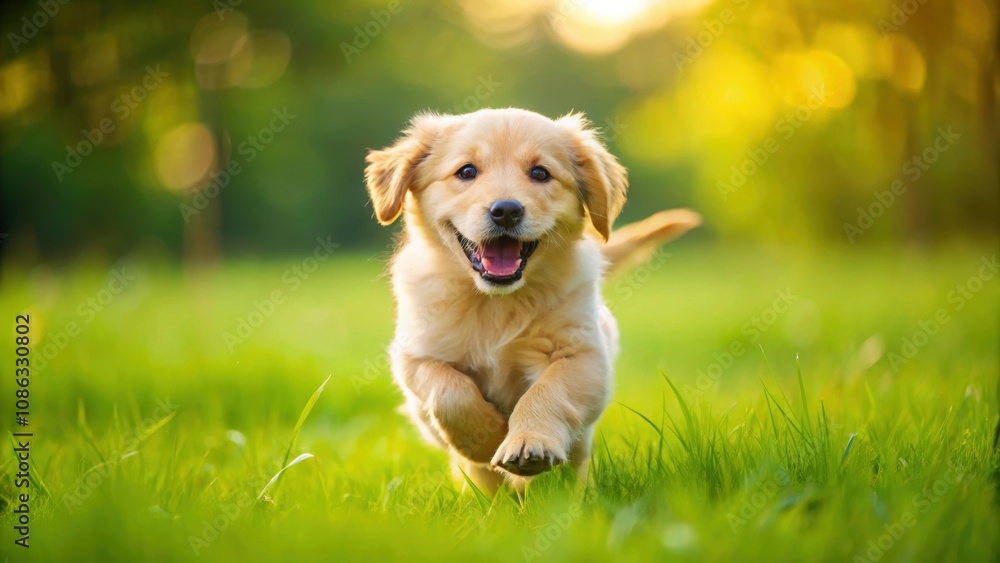 Happy golden retriever puppy running through spring grass, dog, golden retriever, puppy, happy, running, colorful, lush, spring Happy golden retriever puppy running through spring grass, dog, golden retriever, puppy, happy, running, colorful, lush, spring