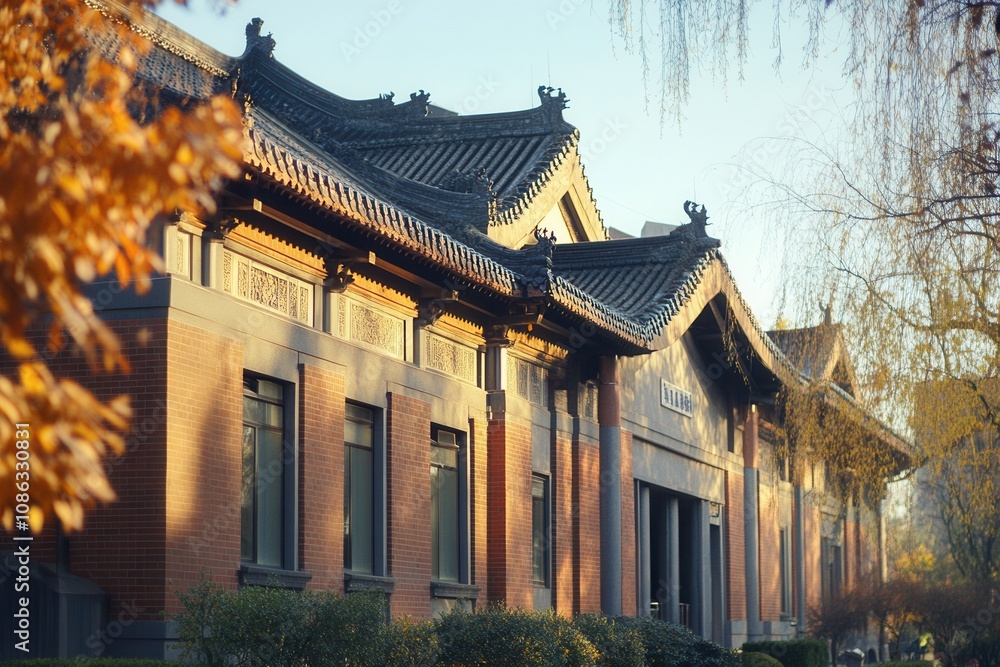 Traditional Chinese architecture building with brick walls, tile roof, and columns, with trees and golden foliage in the foreground, against a clear blue sky. Traditional Chinese architecture building with brick walls, tile roof, and columns, with trees and golden foliage in the foreground, against a clear blue sky.