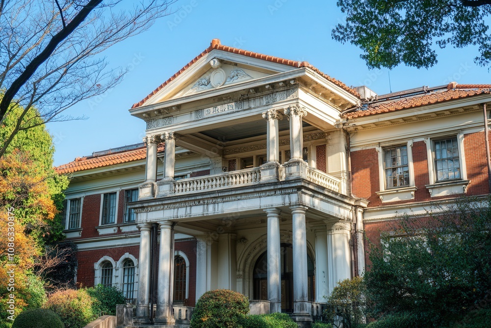 Traditional Japanese building with red brick and white pillars. Traditional Japanese building with red brick and white pillars.