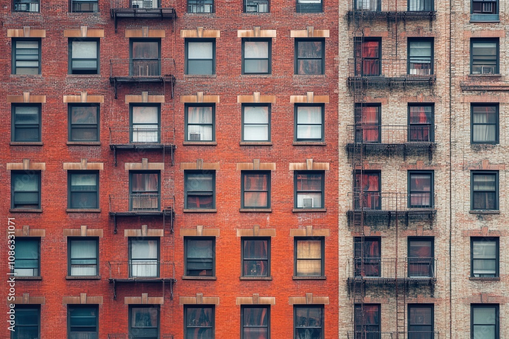 Two brick buildings with windows and fire escapes. Two brick buildings with windows and fire escapes.