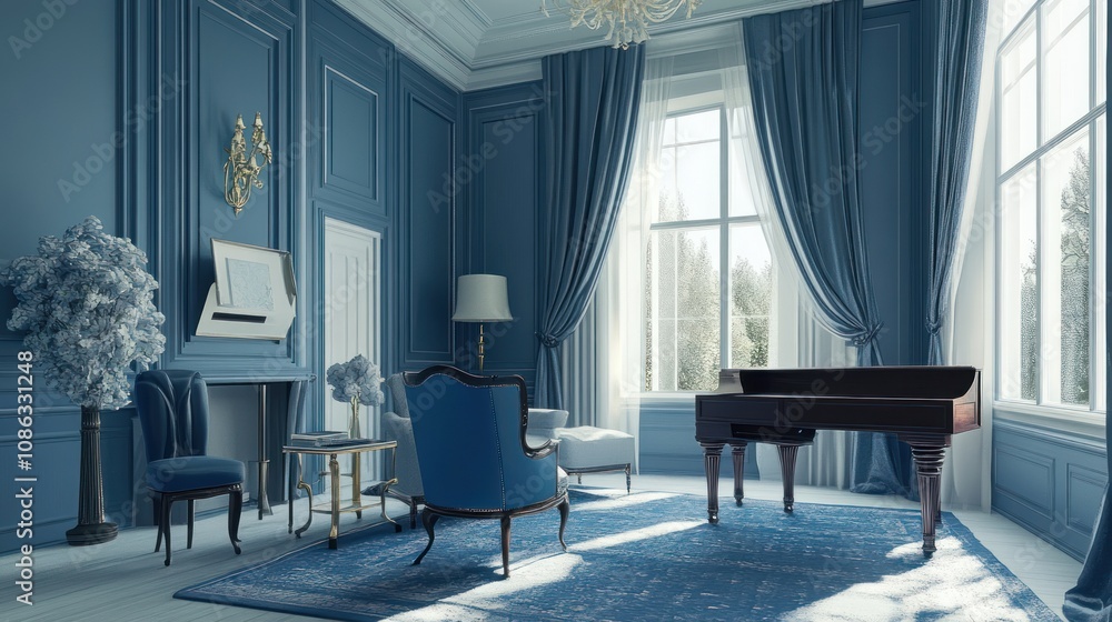 Elegant blue room featuring a piano, furniture, and decorative elements. Elegant blue room featuring a piano, furniture, and decorative elements.