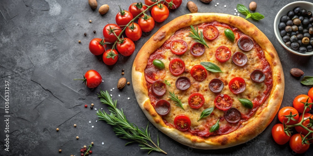 Calabrese sausage style pizza on stone background with tomatoes, olives, and oregano, pizza Calabrese sausage style pizza on stone background with tomatoes, olives, and oregano, pizza