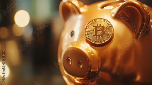 A close-up of a golden coin halfway inserted into a slot on top of a piggy bank