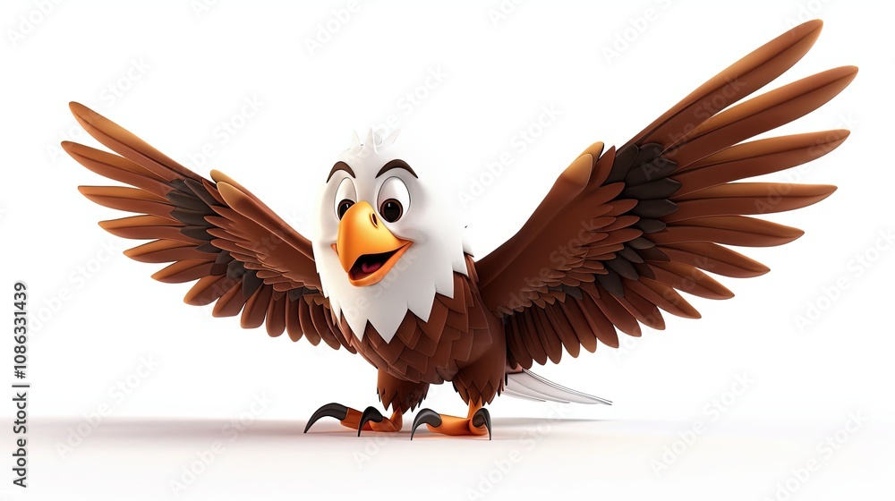 A Cheerful 3D Cartoon Eagle Spreading Its Wings Against a Bright Background of White Color A Cheerful 3D Cartoon Eagle Spreading Its Wings Against a Bright Background of White Color