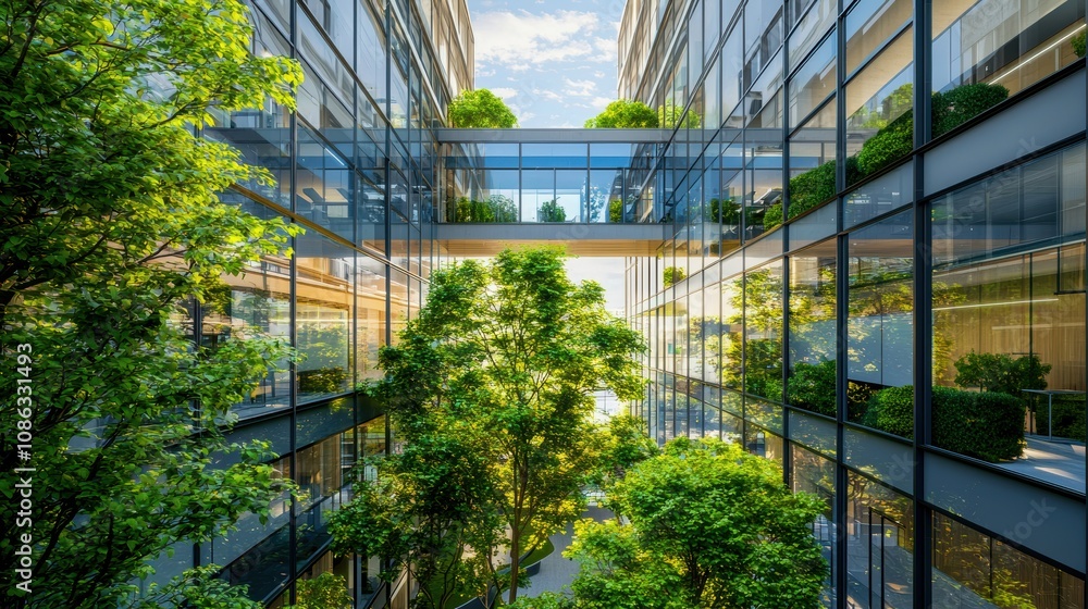 A modern, glass-walled building with lush greenery and trees, creating an inviting, eco-friendly urban space filled with natural light. A modern, glass-walled building with lush greenery and trees, creating an inviting, eco-friendly urban space filled with natural light.