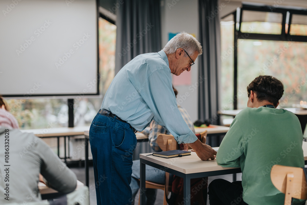 An elderly professor interacts with students in a classroom, fostering a learning environment. The focus is on educational engagement and guidance. An elderly professor interacts with students in a classroom, fostering a learning environment. The focus is on educational engagement and guidance.