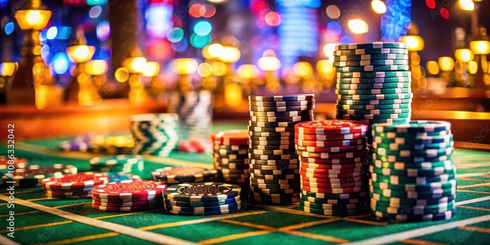 Close-up of a casino table with poker chips, capturing the luxurious and exciting gambling atmosphere , casino Close-up of a casino table with poker chips, capturing the luxurious and exciting gambling atmosphere , casino