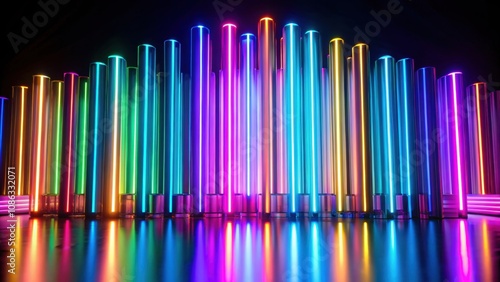 Glowing reflective iridescent neon tubes against dark background, neon, tubes, lights, vibrant, colorful, reflection