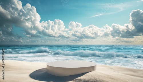 White Platform on Sandy Beach with Ocean View and Cloudy Sky