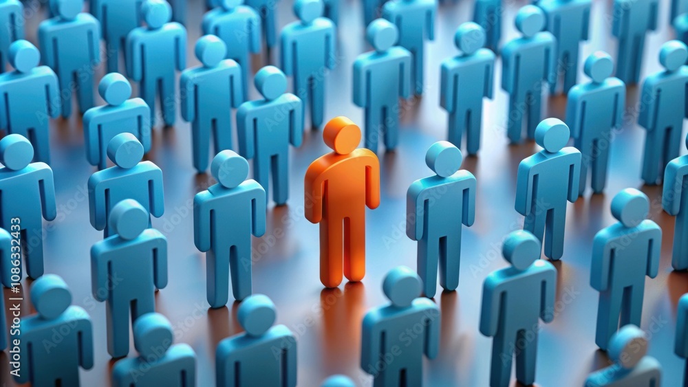 Central dark orange figure standing out in pastel blue crowd, symbolizing individuality and uniqueness Central dark orange figure standing out in pastel blue crowd, symbolizing individuality and uniqueness