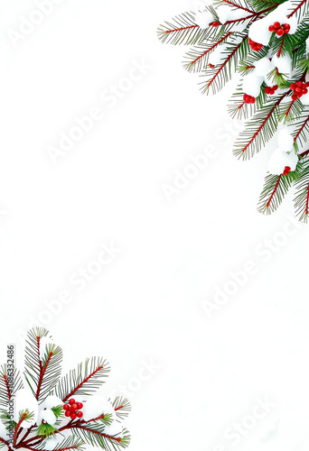 Snowy winter with fir branches fla lay border and copy space background for flyer