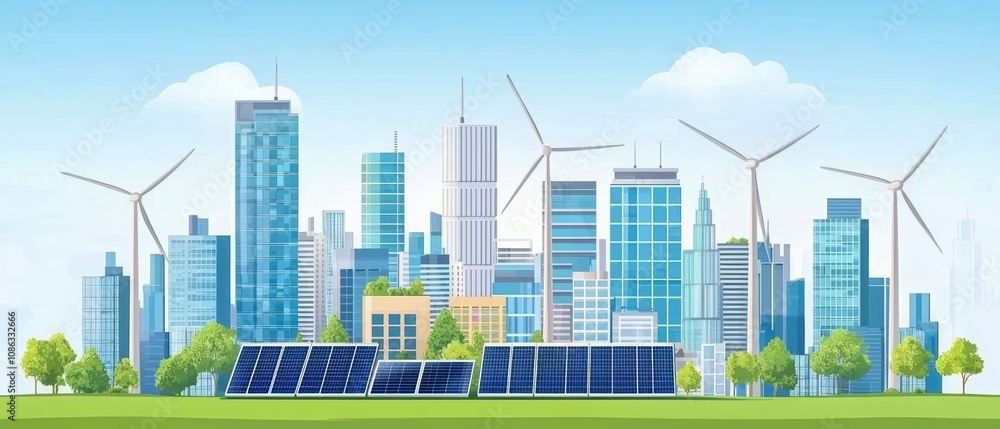 A vibrant cityscape featuring modern skyscrapers, wind turbines, and solar panels, showcasing a blend of sustainability and urban development. A vibrant cityscape featuring modern skyscrapers, wind turbines, and solar panels, showcasing a blend of sustainability and urban development.