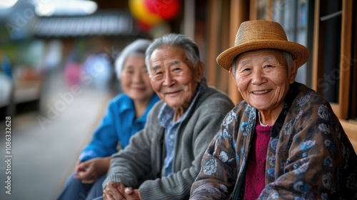 Joyful elderly friends sharing a moment on a sunny day, seated on a porch, engaging in conversation and wearing traditional hats, enjoying life together in a charming setting.