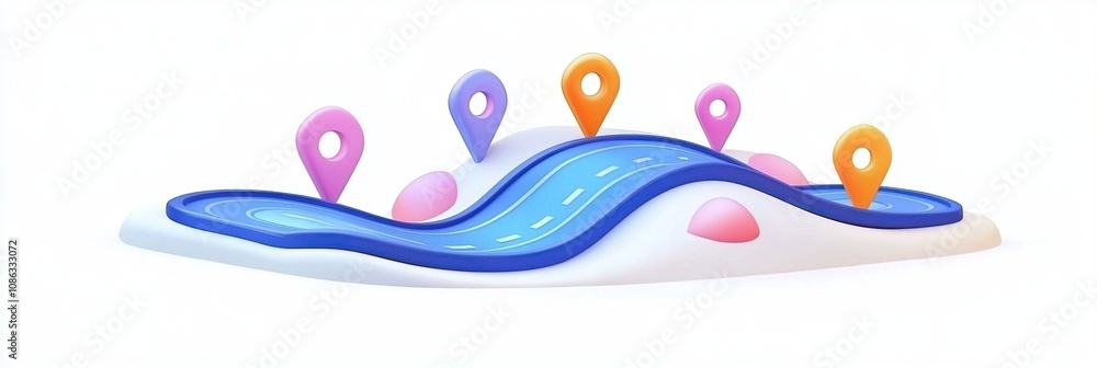 3D Render of a Winding Road with Location Markers, Illustrating Journey or Navigation 3D Render of a Winding Road with Location Markers, Illustrating Journey or Navigation