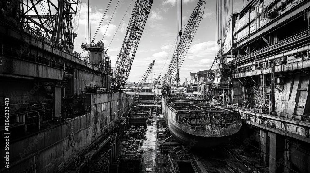 Picture a shipyard with cranes moving heavy ship parts. Describe the scale of each piece, the precision of the machinery Picture a shipyard with cranes moving heavy ship parts. Describe the scale of each piece, the precision of the machinery