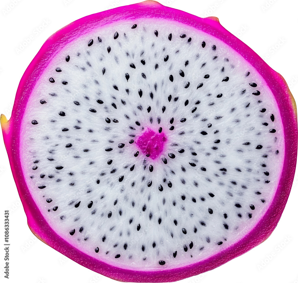 Slice of dragon fruit with vibrant pink and white texture, studio shot. Exotic fruit and healthy eating concept Slice of dragon fruit with vibrant pink and white texture, studio shot. Exotic fruit and healthy eating concept
