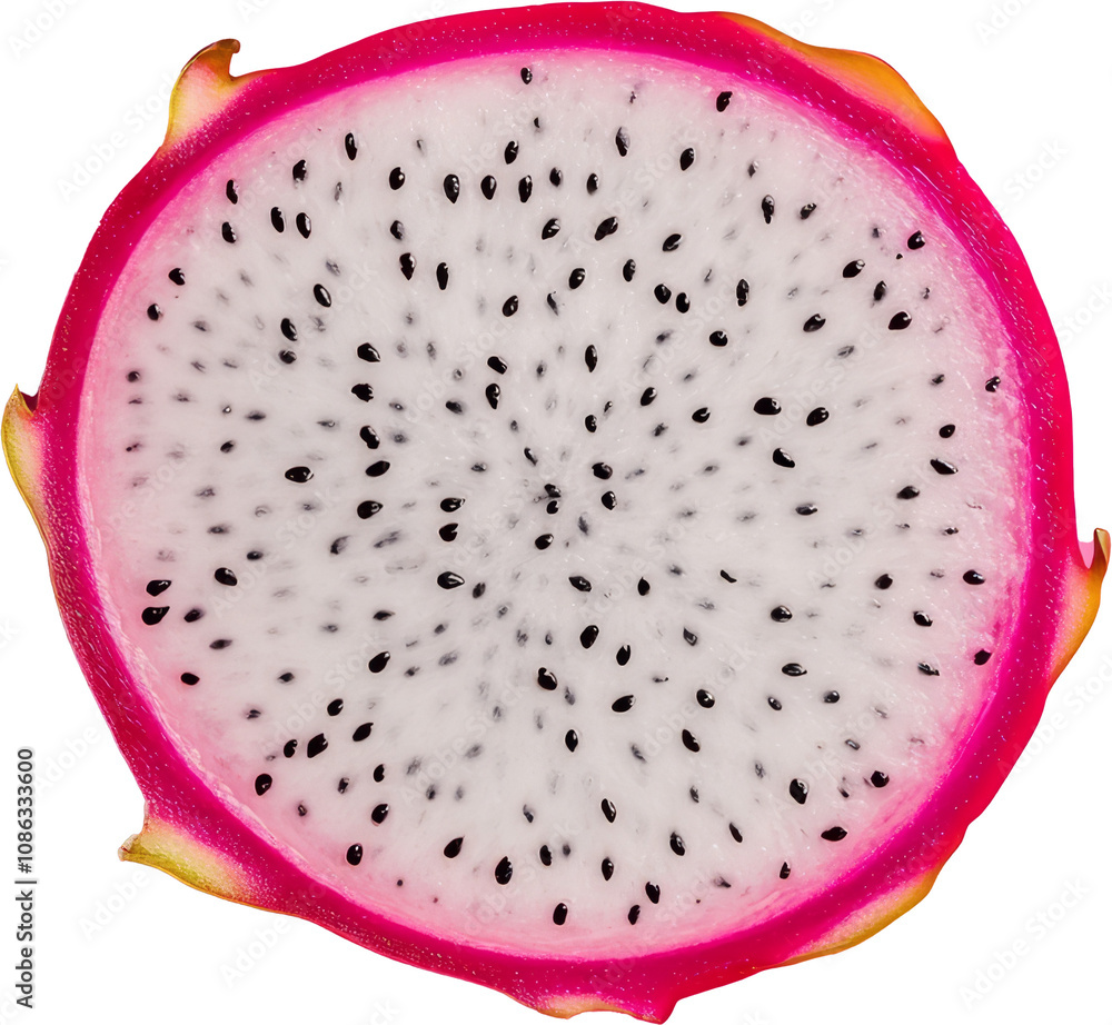 Slice of vibrant dragon fruit on transparent background, close-up. Exotic fruit and nutrition concept Slice of vibrant dragon fruit on transparent background, close-up. Exotic fruit and nutrition concept